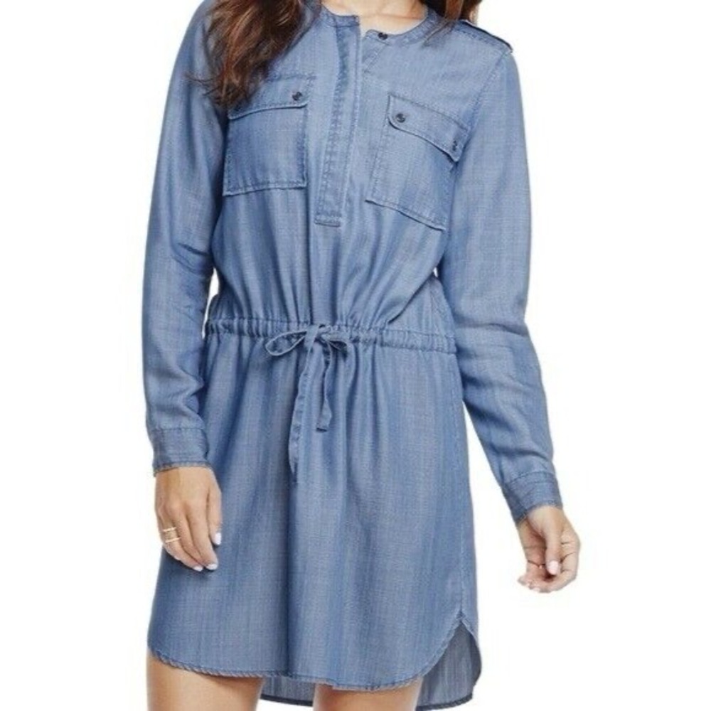 Two by Vince Camuto XL Chambray Tencel Shirt Dress Blue Drawstring Casual